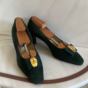 BALLY green suede heels with logo on front bow.